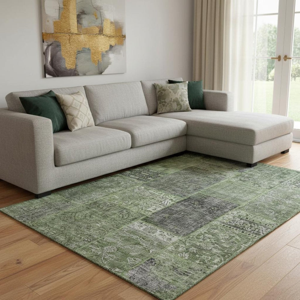 HomeRoots 10' Olive Green and Gray Patchwork Area Rug - Washable, UV Protected, Durable for High-Traffic Spaces 655457