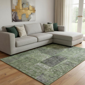 HomeRoots 10' Olive Green and Gray Patchwork Area Rug - Washable, UV Protected, Durable for High-Traffic Spaces 655457