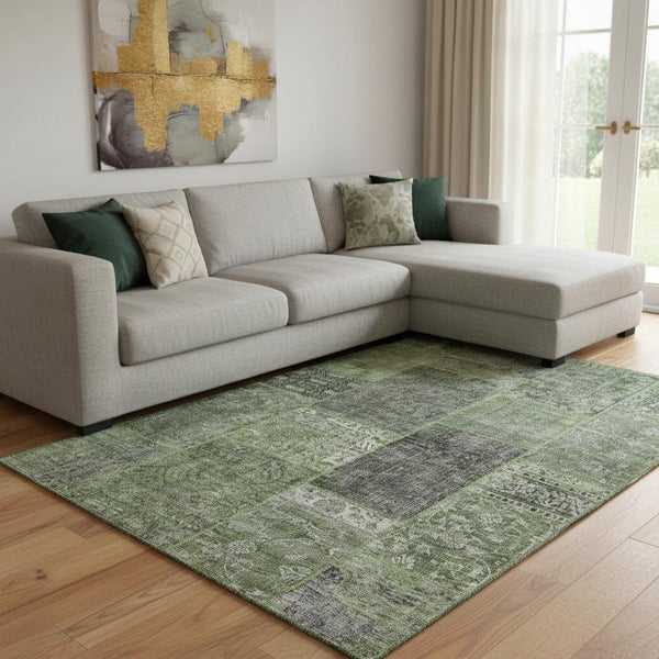 HomeRoots 10' Olive Green and Gray Patchwork Area Rug - Washable, UV Protected, Durable for High-Traffic Spaces 655457