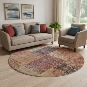 HomeRoots 8' Vibrant Red, Blue & Gold Patchwork Washable Round Rug with UV Protection for Indoor & Outdoor Use 655460