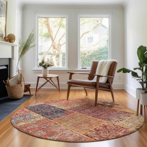 HomeRoots 8' Vibrant Red, Blue & Gold Patchwork Washable Round Rug with UV Protection for Indoor & Outdoor Use 655460