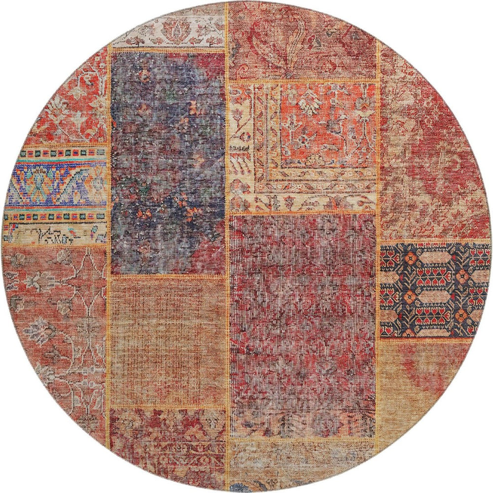 HomeRoots 8' Vibrant Red, Blue & Gold Patchwork Washable Round Rug with UV Protection for Indoor & Outdoor Use 655460