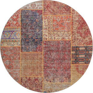 HomeRoots 8' Vibrant Red, Blue & Gold Patchwork Washable Round Rug with UV Protection for Indoor & Outdoor Use 655460