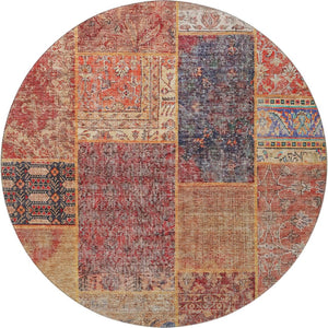 HomeRoots 8' Vibrant Red, Blue & Gold Patchwork Washable Round Rug with UV Protection for Indoor & Outdoor Use 655460