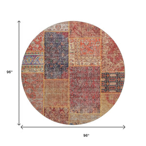 HomeRoots 8' Vibrant Red, Blue & Gold Patchwork Washable Round Rug with UV Protection for Indoor & Outdoor Use 655460