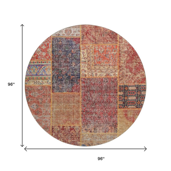 HomeRoots 8' Vibrant Red, Blue & Gold Patchwork Washable Round Rug with UV Protection for Indoor & Outdoor Use 655460