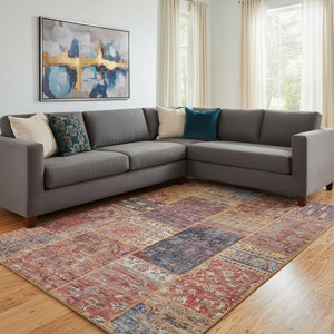 HomeRoots 8' X 10' Vibrant Red Blue Gold Patchwork Washable Area Rug with UV Protection for Stylish Homes 655461