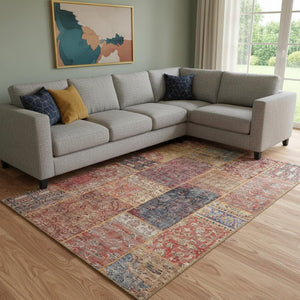 HomeRoots 9' X 12' Bold Red Blue Gold Patchwork Area Rug - Washable, Stain Resistant, UV Protected for Homes 655462