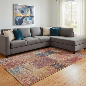 HomeRoots 10' X 14' Vibrant Red Blue Gold Patchwork Washable Area Rug with UV Protection for Active Homes 655463