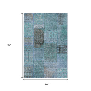 HomeRoots 5' X 8' Teal And Gray Patchwork Area Rug – Durable, Stain-Resistant, UV Protected for Family Homes 655465