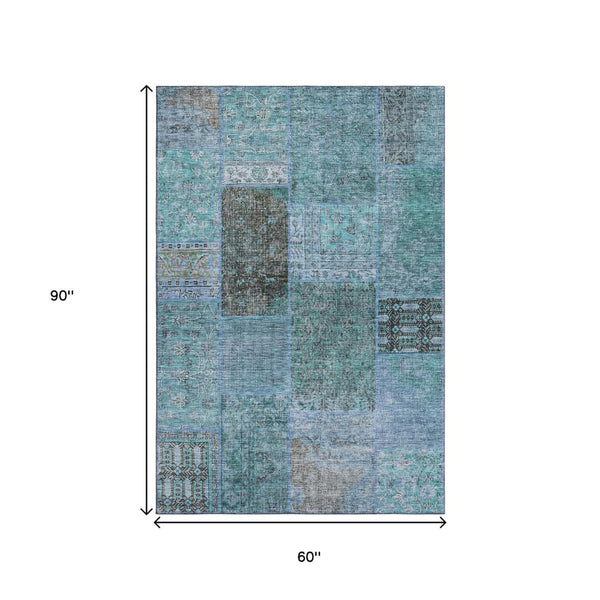 HomeRoots 5' X 8' Teal And Gray Patchwork Area Rug – Durable, Stain-Resistant, UV Protected for Family Homes 655465