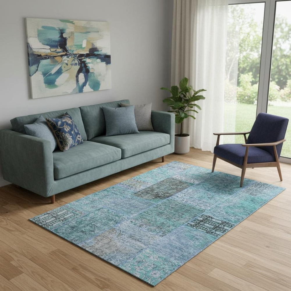 HomeRoots 5' X 8' Teal And Gray Patchwork Area Rug – Durable, Stain-Resistant, UV Protected for Family Homes 655465