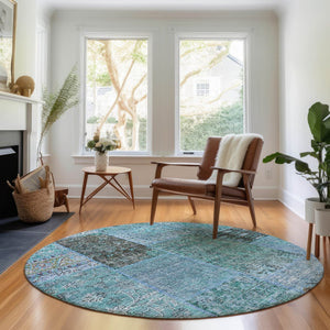 HomeRoots 8' Teal And Gray Patchwork Round Rug - UV Protected, Washable, Stain-Resistant, Durable & Stylish! 655466