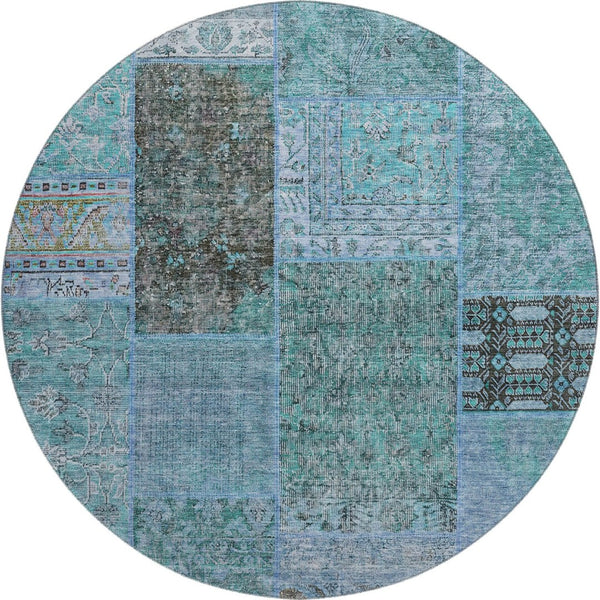 HomeRoots 8' Teal And Gray Patchwork Round Rug - UV Protected, Washable, Stain-Resistant, Durable & Stylish! 655466