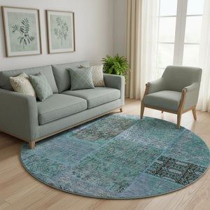 HomeRoots 8' Teal And Gray Patchwork Round Rug - UV Protected, Washable, Stain-Resistant, Durable & Stylish! 655466