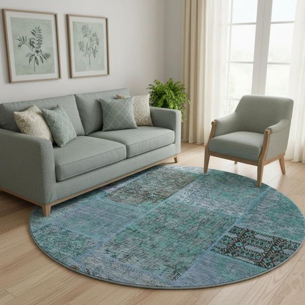 HomeRoots 8' Teal And Gray Patchwork Round Rug - UV Protected, Washable, Stain-Resistant, Durable & Stylish! 655466