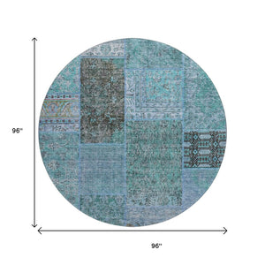HomeRoots 8' Teal And Gray Patchwork Round Rug - UV Protected, Washable, Stain-Resistant, Durable & Stylish! 655466