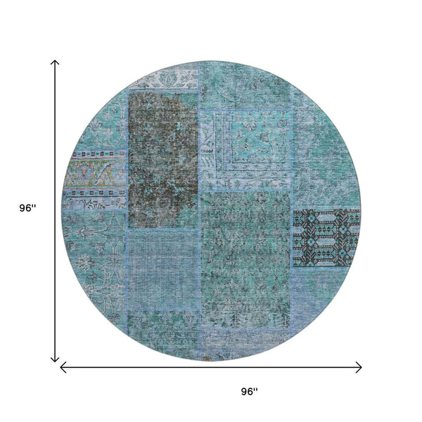 HomeRoots 8' Teal And Gray Patchwork Round Rug - UV Protected, Washable, Stain-Resistant, Durable & Stylish! 655466