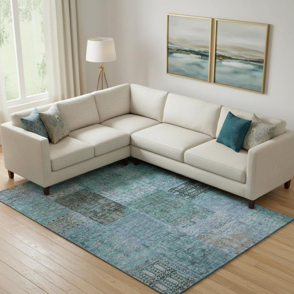 HomeRoots 8' X 10' Teal and Gray Patchwork Area Rug – Stylish, Washable, UV Protected for Family Spaces! 655467