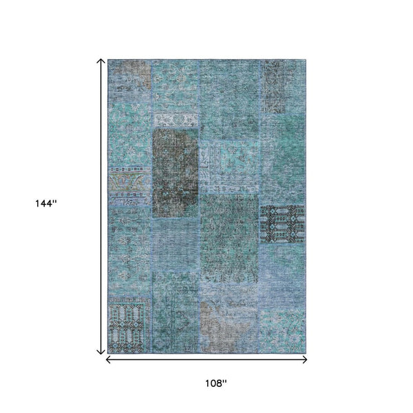 HomeRoots 9' X 12' Teal and Gray Patchwork Area Rug – Stain-Resistant, UV-Protected, Durable & Stylish Design! 655468