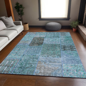 HomeRoots 9' X 12' Teal and Gray Patchwork Area Rug – Stain-Resistant, UV-Protected, Durable & Stylish Design! 655468