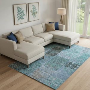 HomeRoots 9' X 12' Teal and Gray Patchwork Area Rug – Stain-Resistant, UV-Protected, Durable & Stylish Design! 655468