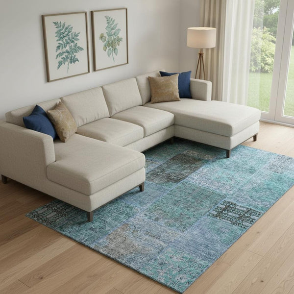 HomeRoots 9' X 12' Teal and Gray Patchwork Area Rug – Stain-Resistant, UV-Protected, Durable & Stylish Design! 655468