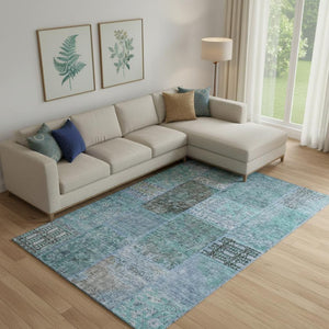 HomeRoots 10' X 14' Teal and Gray Patchwork Area Rug – Washable, UV-Protected, Durable for Homes with Kids & Pets 655469