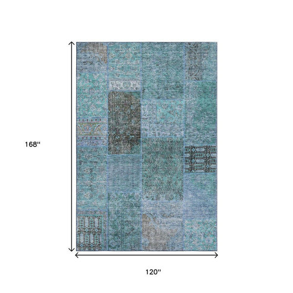 HomeRoots 10' X 14' Teal and Gray Patchwork Area Rug – Washable, UV-Protected, Durable for Homes with Kids & Pets 655469