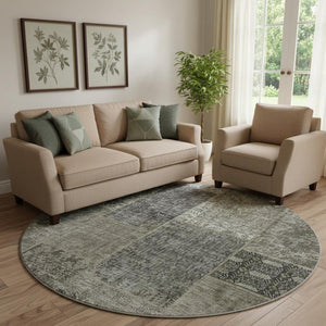 HomeRoots 8' Stylish Taupe Gray & Brown Patchwork Round Rug - Washable, Stain-Resistant, UV Protected Design 655472