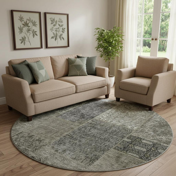 HomeRoots 8' Stylish Taupe Gray & Brown Patchwork Round Rug - Washable, Stain-Resistant, UV Protected Design 655472