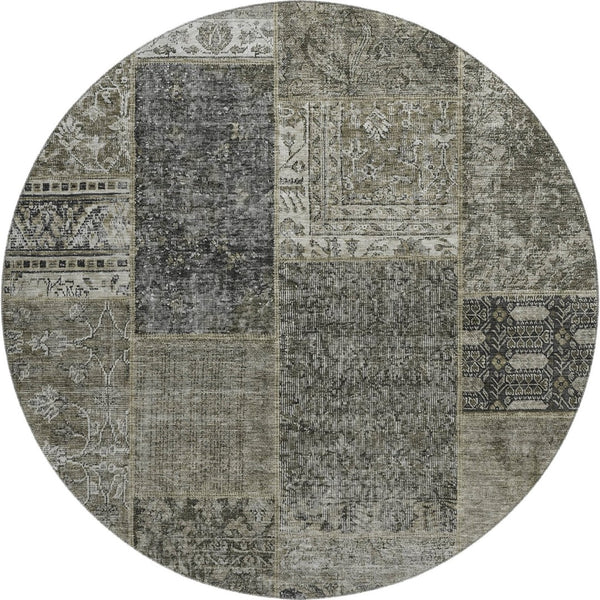 HomeRoots 8' Stylish Taupe Gray & Brown Patchwork Round Rug - Washable, Stain-Resistant, UV Protected Design 655472