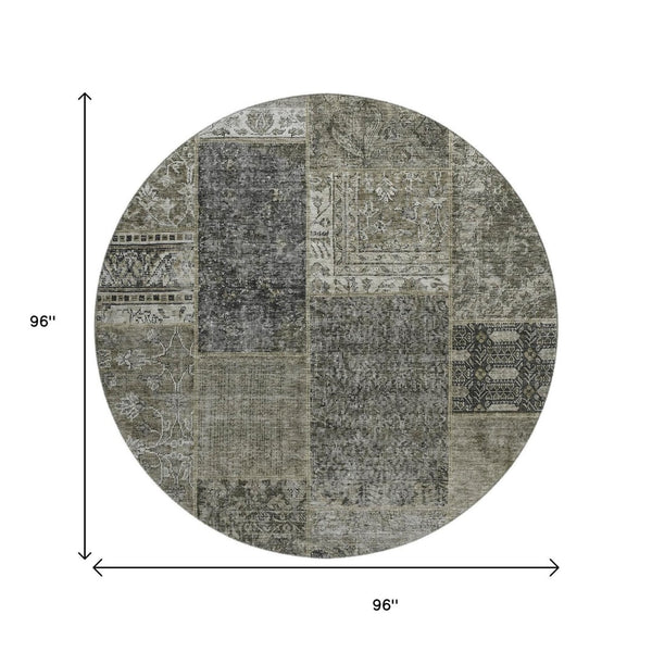 HomeRoots 8' Stylish Taupe Gray & Brown Patchwork Round Rug - Washable, Stain-Resistant, UV Protected Design 655472