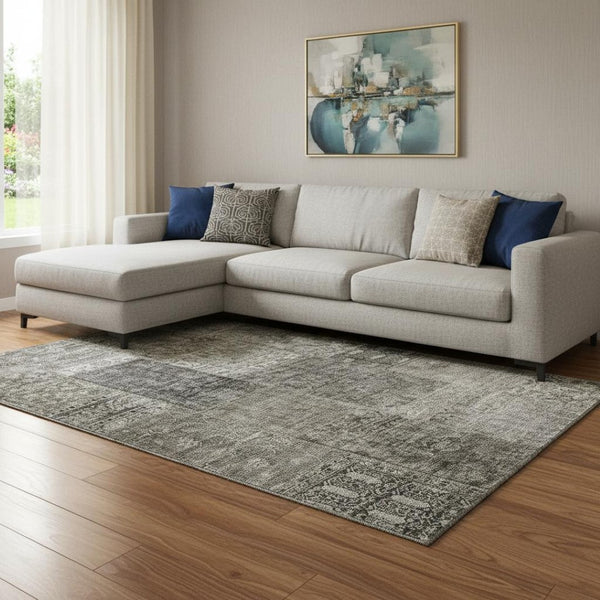 HomeRoots 8' X 10' Taupe Gray and Brown Patchwork Area Rug - Washable, UV Protected, Stain-Resistant Comfort! 655473
