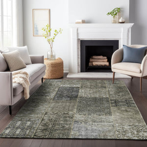 HomeRoots 9' X 12' Patchwork Area Rug in Taupe Gray & Brown – Washable, Stain Resistant, UV Protected Design 655474