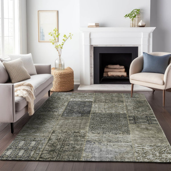 HomeRoots 9' X 12' Patchwork Area Rug in Taupe Gray & Brown – Washable, Stain Resistant, UV Protected Design 655474