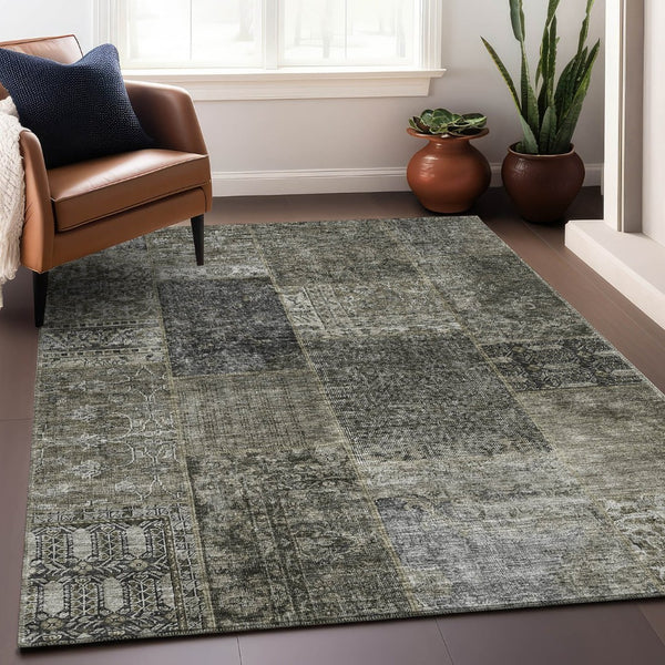 HomeRoots 9' X 12' Patchwork Area Rug in Taupe Gray & Brown – Washable, Stain Resistant, UV Protected Design 655474