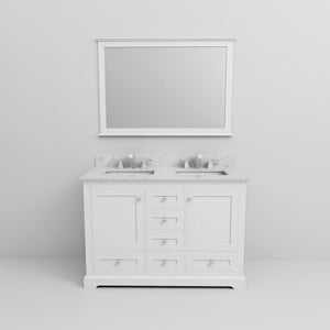 English Elm White Double Bath Vanity 48" W x 22" D with Carrara Marble Top, Chrome Faucets & 46" Mirror, Durable Surface B2731S00974
