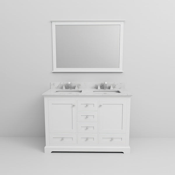 English Elm White Double Bath Vanity 48" W x 22" D with Carrara Marble Top, Chrome Faucets & 46" Mirror, Durable Surface B2731S00974