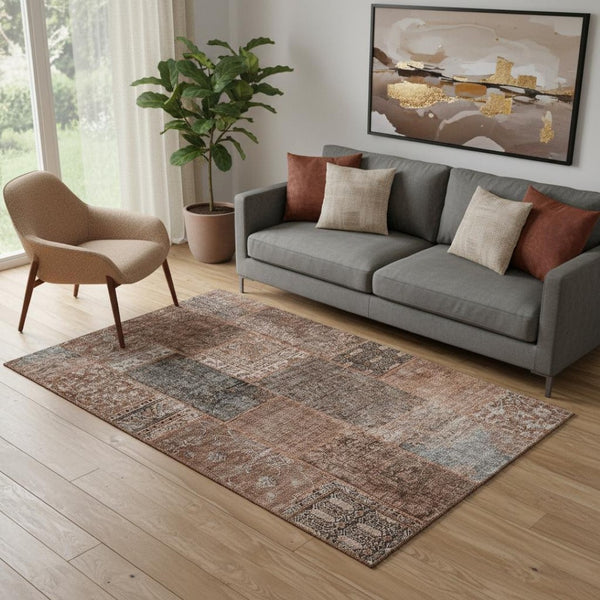 HomeRoots 5' X 8' Terra Cotta Gray Charcoal Patchwork Area Rug - Washable, UV Protected & Stain Resistant 655477