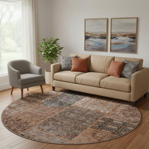 HomeRoots 8' Stylish Terra Cotta Gray Charcoal Round Rug - Washable, UV Protected, Perfect for Busy Homes! 655478