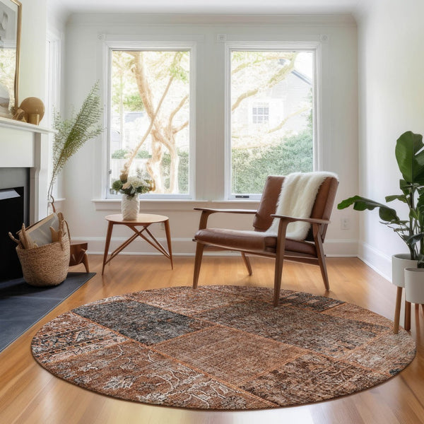 HomeRoots 8' Stylish Terra Cotta Gray Charcoal Round Rug - Washable, UV Protected, Perfect for Busy Homes! 655478