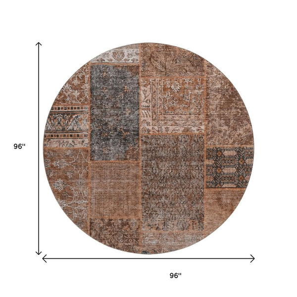 HomeRoots 8' Stylish Terra Cotta Gray Charcoal Round Rug - Washable, UV Protected, Perfect for Busy Homes! 655478