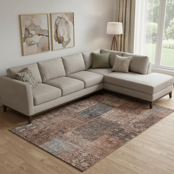 HomeRoots 8' X 10' Terra Cotta Gray Charcoal Patchwork Area Rug - Washable, UV Protected, Stain Resistant Charm 655479