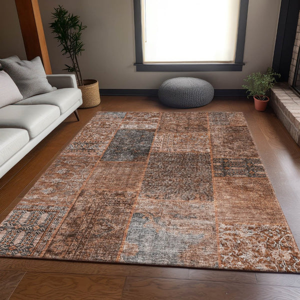 HomeRoots 8' X 10' Terra Cotta Gray Charcoal Patchwork Area Rug - Washable, UV Protected, Stain Resistant Charm 655479