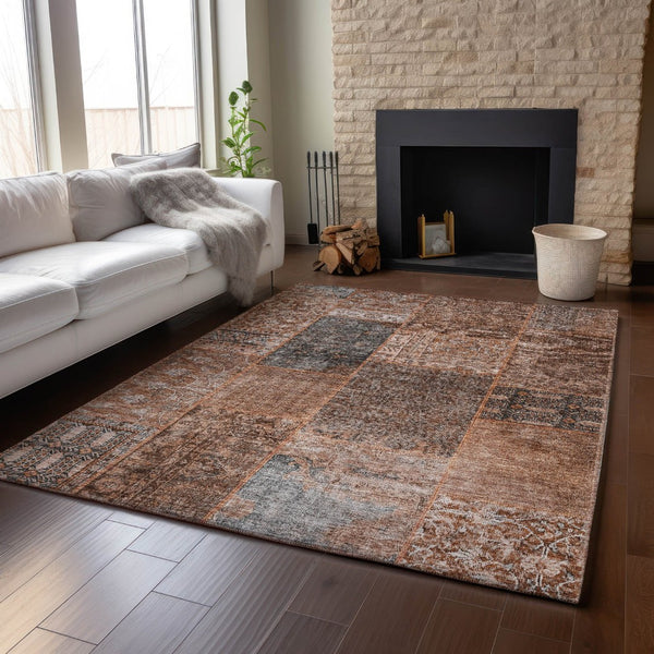 HomeRoots 8' X 10' Terra Cotta Gray Charcoal Patchwork Area Rug - Washable, UV Protected, Stain Resistant Charm 655479