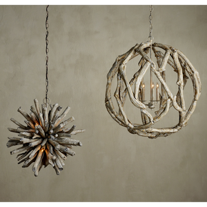 Driftwood Whitewash Orb Chandelier - Coastal Elegance in Natural Driftwood, Adjustable Height Design
