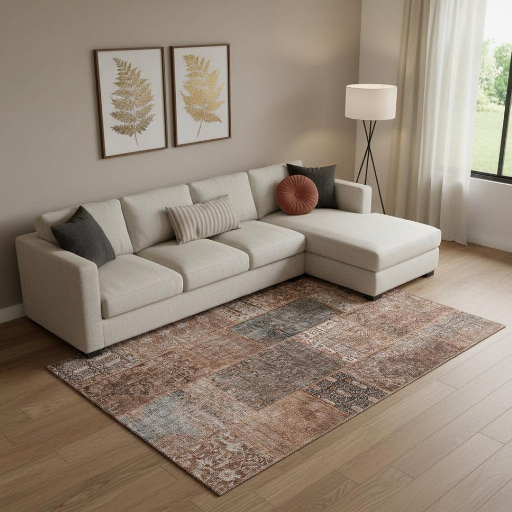 HomeRoots 9' X 12' Terra Cotta Gray Charcoal Patchwork Area Rug - Durable, Washable, UV Protected for Family Homes 655480