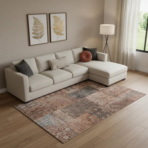 HomeRoots 9' X 12' Terra Cotta Gray Charcoal Patchwork Area Rug - Durable, Washable, UV Protected for Family Homes 655480