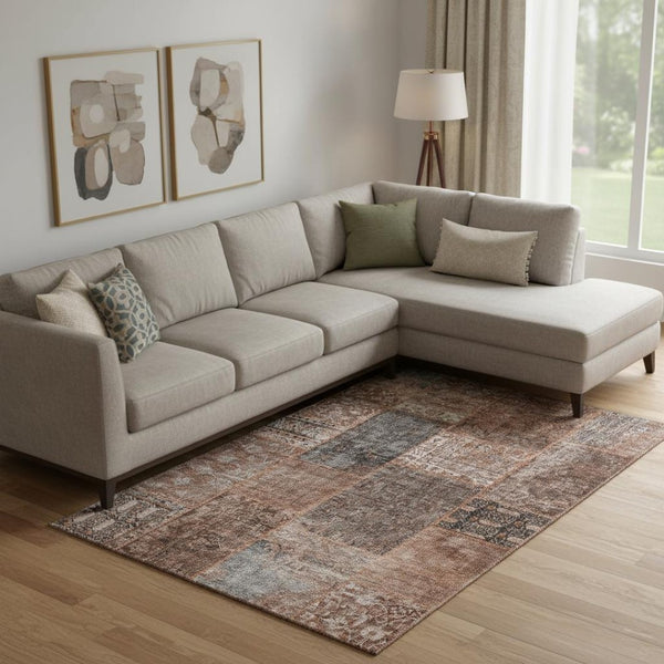 HomeRoots 10' X 14' Stylish Terra Cotta Gray Charcoal Patchwork Area Rug - Washable, UV Protected, Easy Care! 655481
